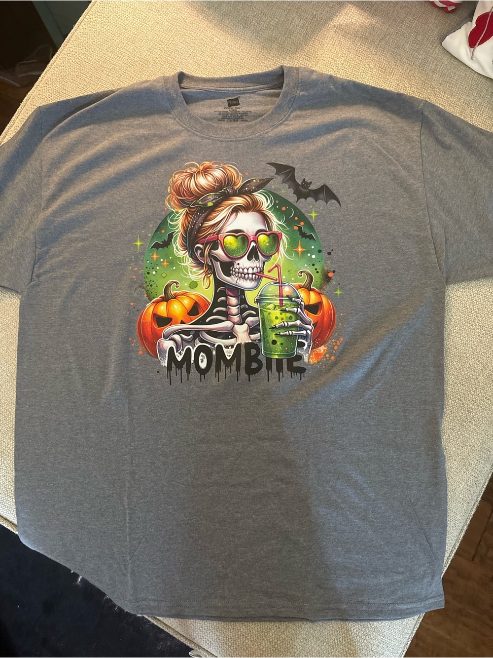 Hanes Gray 'Mombie' Halloween Skeleton Graphic Tee with Neon Green Accents